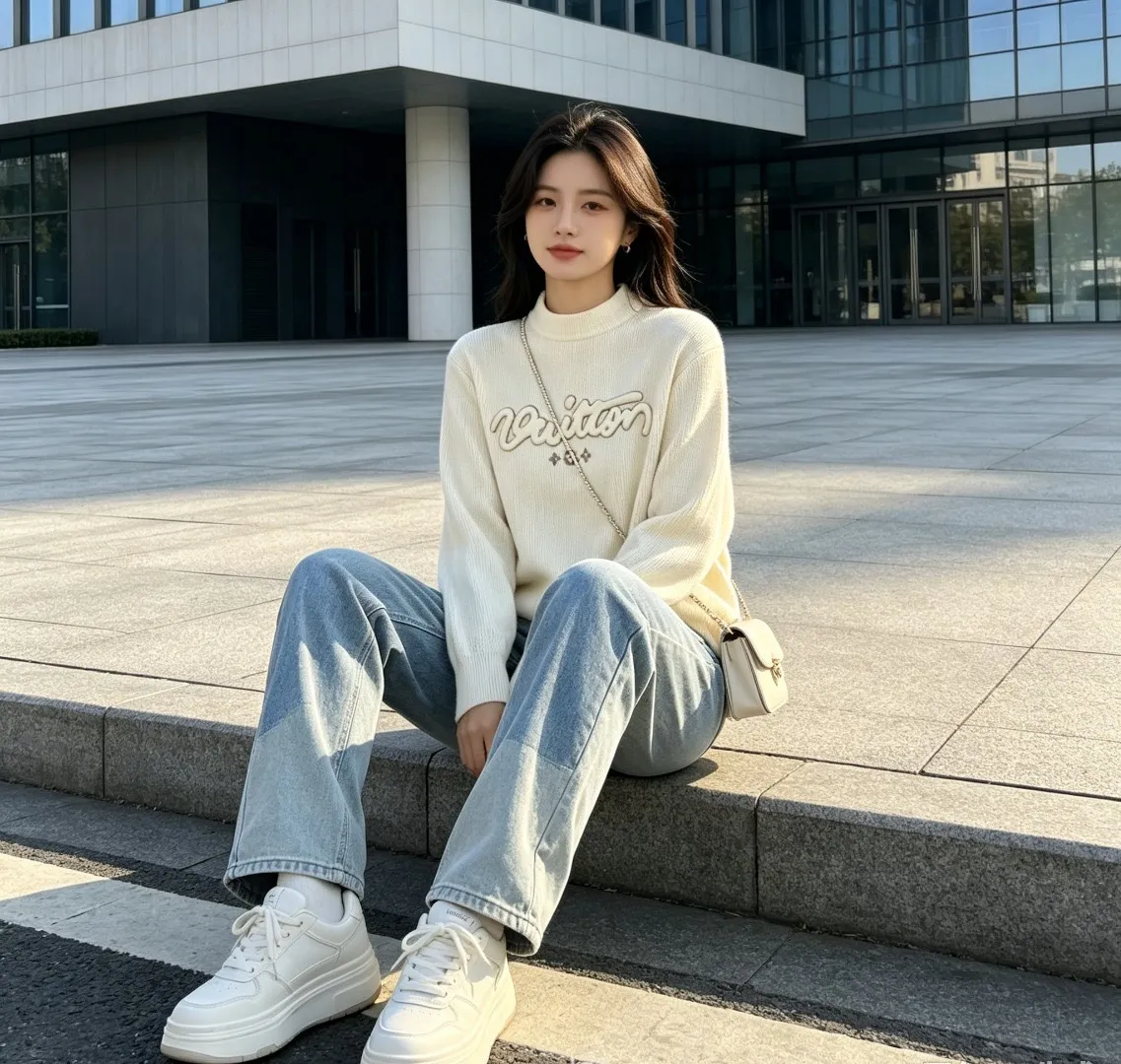 Louis Vuitton/Louis Vuitton signature flocked letter crew neck sweater